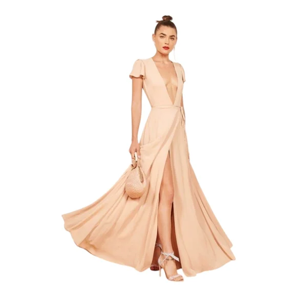 Reformation Rosie Wrap Maxi Dress | Plunge Neck High Slit Flutter‎ Sleeve NWOT M - Picture 3 of 11